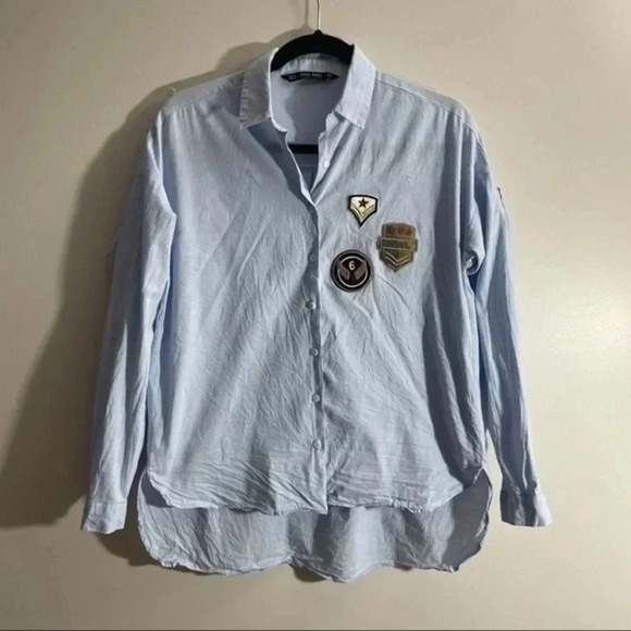🍁 Zara lt blue button down army patched embroideries XS - Picture 4 of 10